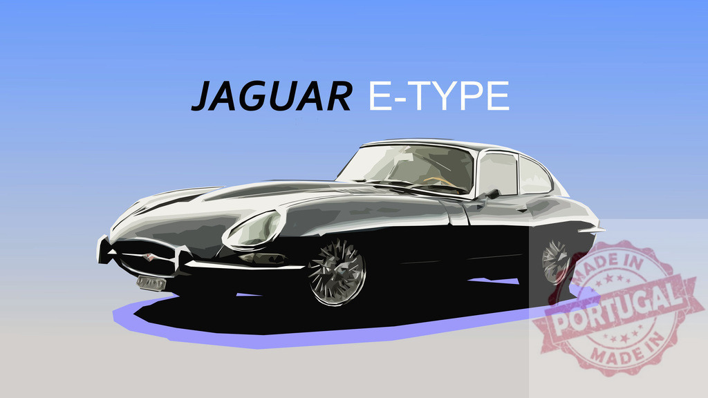 Jaguar E-Type sports car parked on gradient background | Low poly vector illustration of a classic Jaguar E-Type sports car, showcasing its iconic design against a gradient background - Realized with Pictrs.com