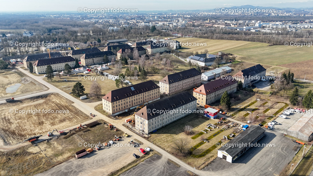 Kasernengelaende Ebelsberg_ Baustelle_ 15.02.2024-7 | 15.02.2024, Linz, AUT, Kasernengelaende Ebelsberg, im Bild Kasernengelaende Ebelsberg, Gebaeude, Heeresgebaeude, Baustelle, LKW, Bagger

Drohne