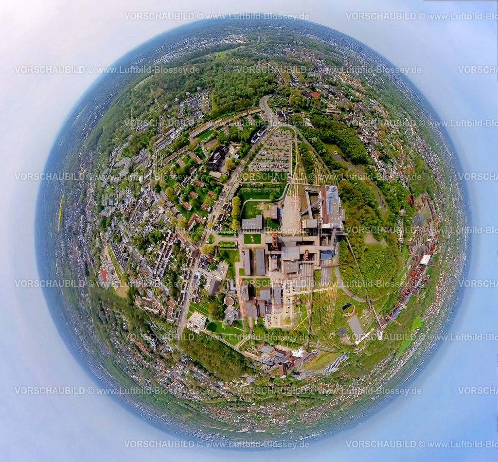 Essen240490040ZecheZollverein | Luftbild, UNESCO-Welterbe Zollverein, Zeche Zollverein, Erdkugel, Fisheye Aufnahme, Fischaugen Aufnahme, 360 Grad Aufnahme, tiny world, little planet, fisheye Bild, Stoppenberg, Essen, Ruhrgebiet, Nordrhein-Westfalen, Deutschland