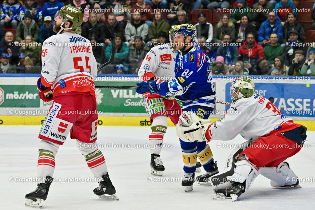 EC VSV vs. HC Bozen 16.2.2024 | #55 Vandane Davis, #84 Andrew Desjardins, #38 Harvey Sam, EC VSV vs. HC Bozen 16.2.2024, EC VSV vs. HC Bozen 16.2.2024 am 16.02.2024 in Villach (Stadthalle Villach), Austria, (Photo by Bernd Stefan)