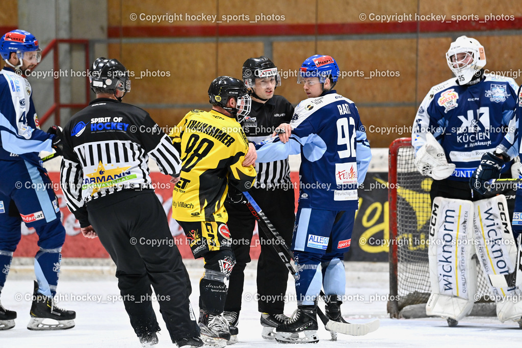 EC Spittal Hornets vs. ESC Steindorf 10.2.2024 | #43 Oraze Martin, #98 Thalhammer Dominic, KOSTYNSKI Daniel Referee, #92 Ratz Patrick, #35 Mayrobnig Marco
