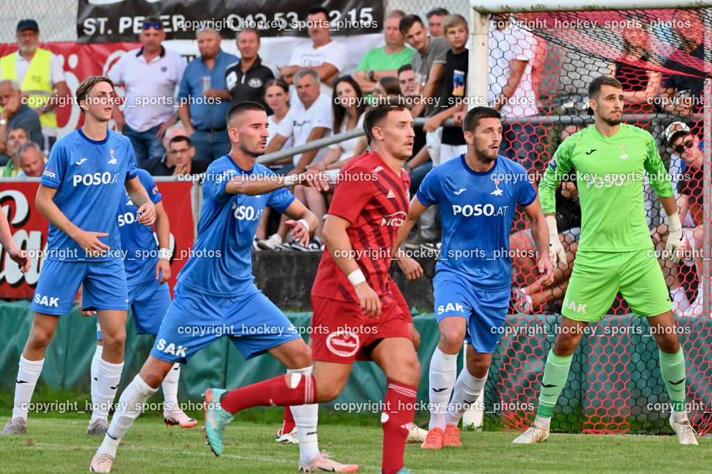 SV St.Jakob vs. SAK | #5 Jakob Geister SAK, #7 Hrvoje Jakovljevic SAK, #18 Raimund Valtiner St.Jakob, #22 Leo Ejup SAK, #1 Kristijan Kondic SAK, SV St.Jakob vs. SAK, SV St.Jakob vs. SAK am 23.08.2024 in St. Jakob im Rosenthal (Sportplatz St. Jakob), Austria, (Photo by Bernd Stefan)