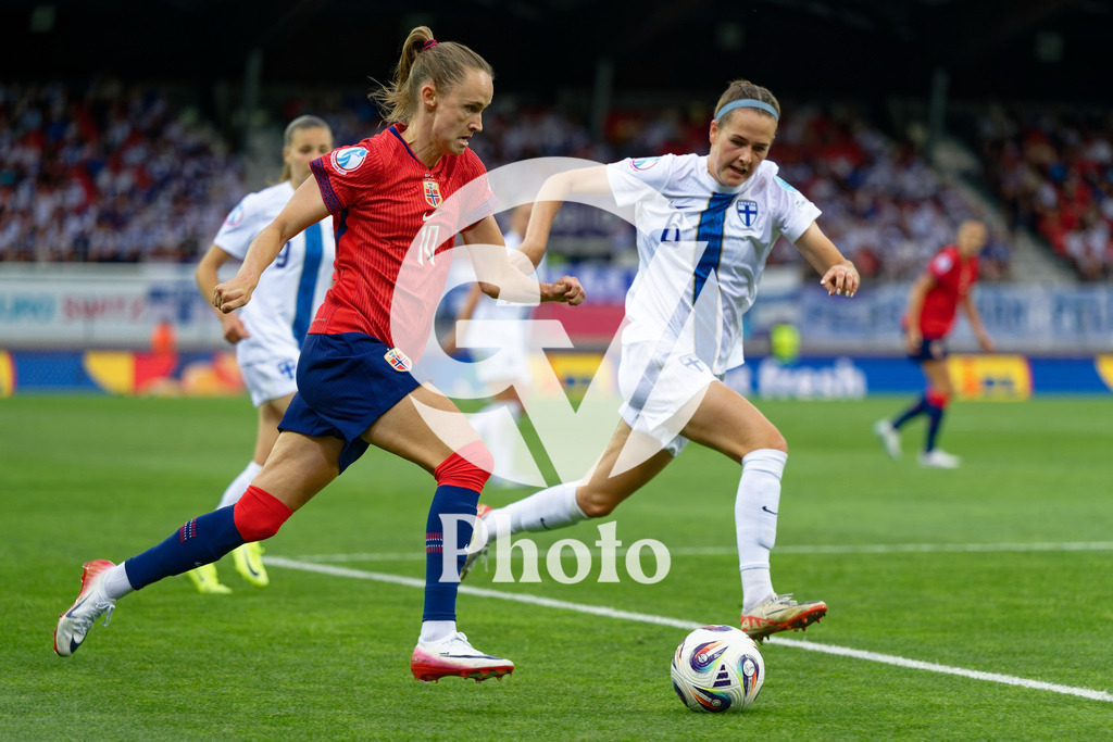 Norway v Finland - UEFA Women's EURO 2025 Group A | SION, SWITZERLAND - JULY 6: Caroline Graham Hansen of Norway (L) and Joanna Tynnila of Finland (R) fight for possession during the UEFA Womens EURO 2025 Group A match between Norway and Finland at Stade de Tourbillon on July 6, 2025 in Sion, Switzerland. (Photo by Giuseppe Velletri/Sports Press Photo/Getty Images)
