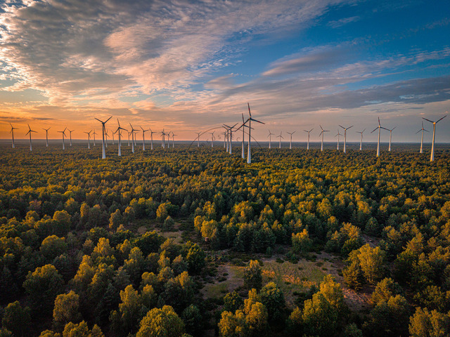2026-07-10_20-47-01_000 | Luftaufnahme von Windkraftanlagen bei Sonnenuntergang, eingebettet in Wald, Teltow-Fläming, Brandenburg, Deutschland - Realisiert mit Pictrs.com