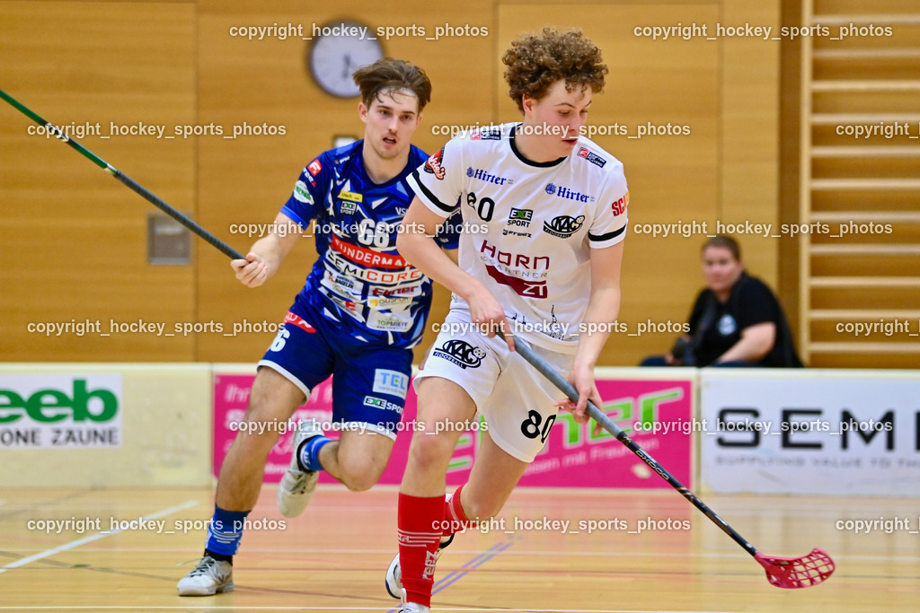 VSV Unihockey vs. KAC Floorball | #80 Lino Roth KAC Floorball, #66 Jakob Rainer VSV Unihockey, VSV Unihockey vs. KAC Floorball, VSV Unihockey vs. KAC Floorball am 28.03.2026 in Villach (Ballspielhalle St. Martin), Austria, (Photo by Bernd Stefan)