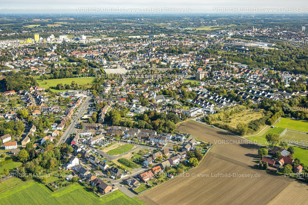 Hamm250900151 | Luftbild, Wohngebiet Hamm-Westen mit Kamener Straße und Blick zum Hafen, Stadtbezirk Pelkum, Hamm, Ruhrgebiet, Nordrhein-Westfalen, Deutschland