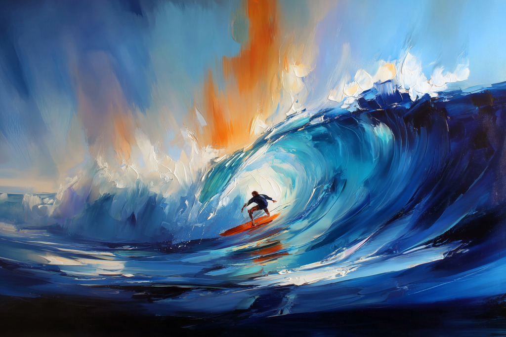 2604008 - Tanz auf dem Wasser | Dynamische, malerische Darstellung eines Surfers im Inneren einer kraftvollen Welle. Intensive Blautöne treffen auf warme Lichtakzente und verleihen dem Motiv eine beeindruckende Energie und Tiefe – ein Ausdruck von Freiheit, Bewegung und dem perfekten Moment im Einklang mit der Natur.