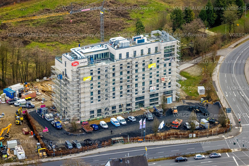 Velbert251201235 | , Luftbild, Neubau Baustelle mit Baugerüst am Hotel Aiden by Best Western Velbert, Eckgrundstück Flandersbacher Weg und Heiligenhauser Straße, Velbert, Ruhrgebiet, Nordrhein-Westfalen, Deutschland