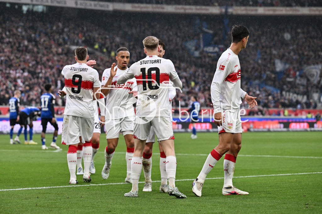 VfB Stuttgart - Hamburger SV | STUTTGART, GERMANY - 12. APRIL: VFB Celebrating the goal to makes it 2-0 - Chris FÜHRICH (VfB Stuttgart 10) - Tor / Torschuetze / Freude / Happy during the Bundesliga Match between VfB Stuttgart vs. Hamburger SV on Matchday 29 at MHP Arena / DFL REGULATIONS PROHIBIT ANY USE OF PHOTOGRAPHS AS IMAGE SEQUENCES AND/OR QUASI-VIDEO