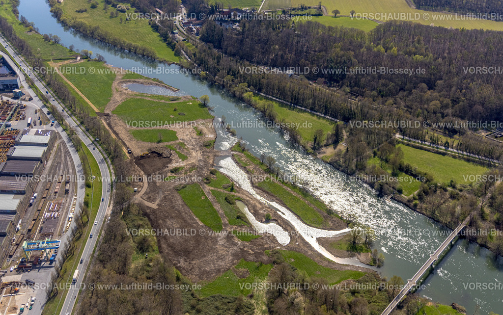 Witten220401349 | Luftbild, Fluss Ruhr mit Renaturierung der Ruhraue an der Nachtigallbrücke, Witten, Ruhrgebiet, Nordrhein-Westfalen, Deutschland