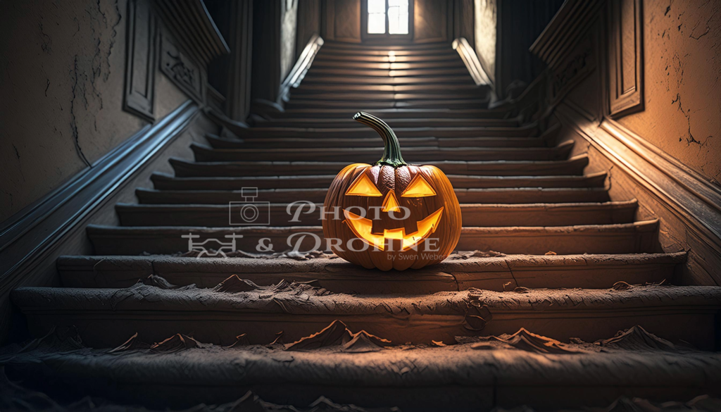 Halloween Kürbis in einem verlassenen Haus auf einer alten Treppe  | Erleben Sie den Zauber des Mittelrheins und entdecken Sie die atemberaubende Auswahl an Fotos und Bildern bei Rheinfotos. Wir bieten eine vielfältige Auswahl an Produkten wie Poster, Karten, Sticker, Textilien und Geschenkartikeln und Fototouren. - Realisiert mit Pictrs.com