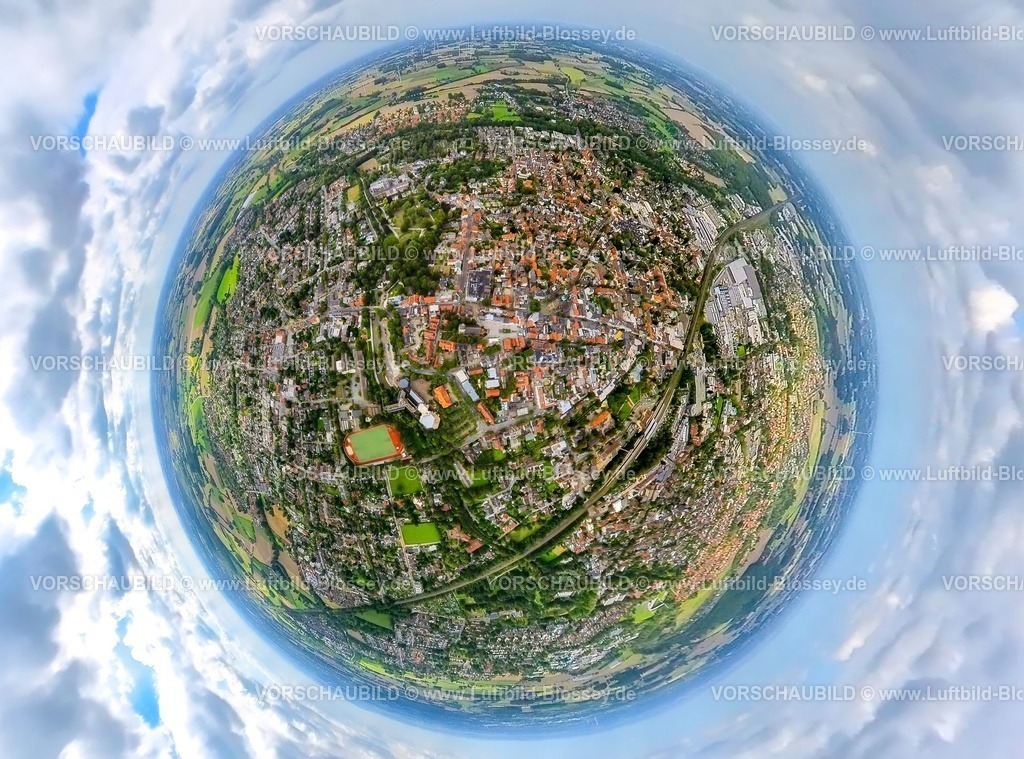Ahlen230890091 Mitte | Luftbild, Ortsansicht City mit Bahnhof Ahlen(Westf), Lindensportplatz, Erdkugel, Fisheye Aufnahme, Fischaugen Aufnahme, 360 Grad Aufnahme, tiny world, Ahlen, Ruhrgebiet, Nordrhein-Westfalen, Deutschland