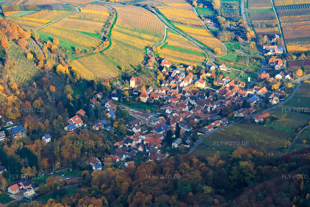Luftbild: Winzerort aus Westen im Herbstlaub in Leinsweiler im Bundesland Rheinland-Pfalz in Deutschland. Foto: IMG_085161.jpg vom 08.11.2015 durch Werner Riehm/FLY-FOTO.de