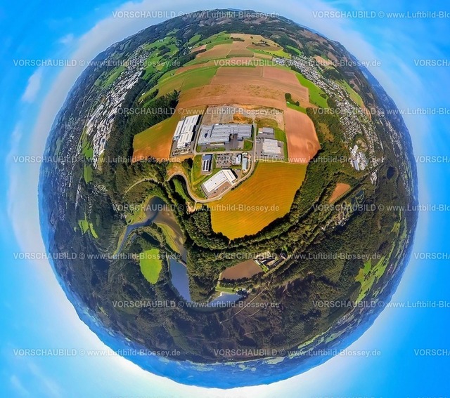 Finnentrop230990298GewerbegebietHeggenBigge | Luftbild, Gewerbegebiet Eibachstraße im Ortsteil Heggen, Ahauser Stausee mit Fluss Bigge, Erdkugel, Fisheye Aufnahme, Fischaugen Aufnahme, 360 Grad Aufnahme, tiny world, Heggen, Finnentrop, Sauerland, Nordrhein-Westfalen, Deutschland