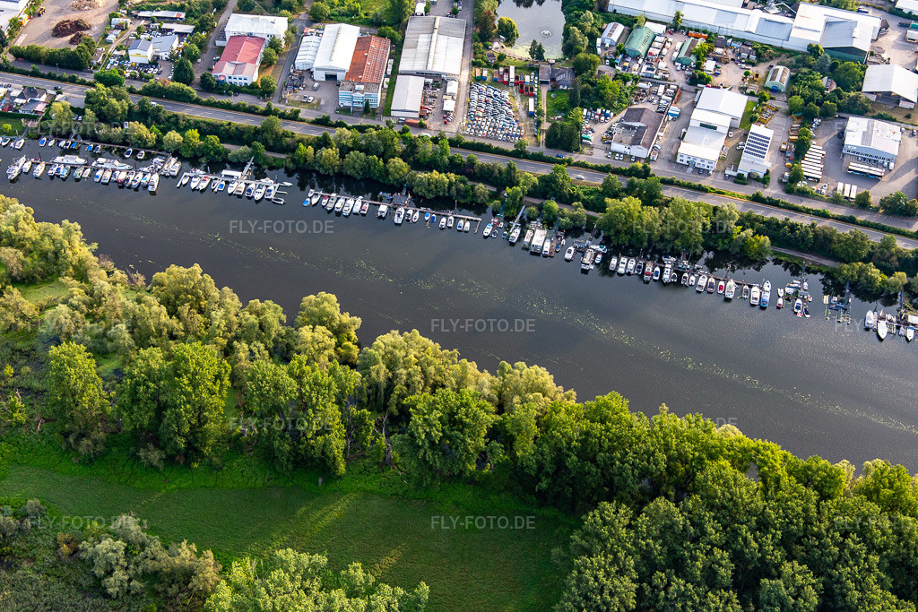 Luftbild: Bootsstege der Industriegebiet- Steggemeinschaft GbR am Lampertheimer Altrhein in Lampertheim im Bundesland Hessen in Deutschland. Foto: IMG_142754.jpg vom 19.07.2024 durch Werner Riehm/FLY-FOTO.deig-steg.de