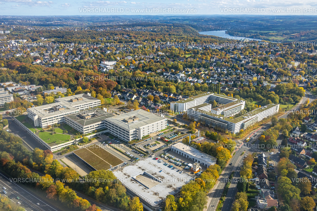 Essen251003614Mitte | Luftbild, Galeria Karstadt Komplex, Polizeiinspektion Gebäude, Büropark Bredeney, Wohngebiet Ortsansicht Ortsteil Bredeney, Schuir, Essen, Ruhrgebiet, Nordrhein-Westfalen, Deutschland