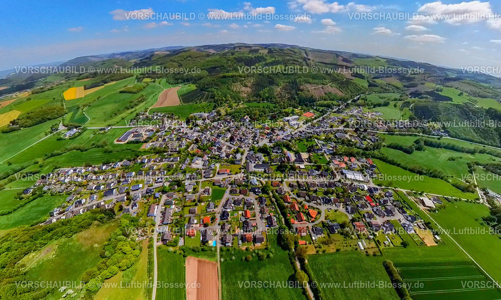 Sundern230520031Allendorf | Luftbild, Ortsansicht Allendorf, Waldschäden Waldgebiet Purrhagen,  Erdkugel, Fisheye Aufnahme, Fischaugen Aufnahme, 360 Grad Aufnahme, Allendorf, Sundern, Ruhrgebiet, Nordrhein-Westfalen, Deutschland