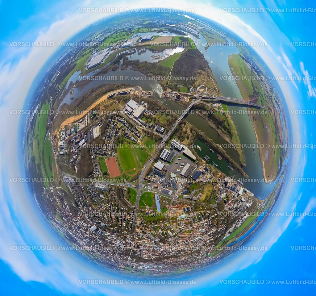 Wesel240390066Suedumgehung_B58n_Lippemuendung | Luftbild, Lippemündungsraum Naturschutzgebiet und Baustelle Südumgehung B58n, Rheinbrücke Wesel, Erdkugel, Fisheye Aufnahme, Fischaugen Aufnahme, 360 Grad Aufnahme, tiny world, little planet, fisheye Bild, Wesel, Nordrhein-Westfalen, Deutschland