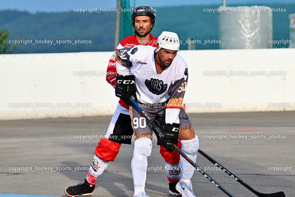 VAS Ballhockey vs. HSC Eagles Poggersdorf | #90 Edlinger Patrick, #13 Krall Michael, VAS Ballhockey vs. HSC Eagles Poggersdorf, VAS Ballhockey vs. HSC Eagles Poggersdorf am 14.07.2024 in Villach (Alpen Arena ), Austria, (Photo by Bernd Stefan)