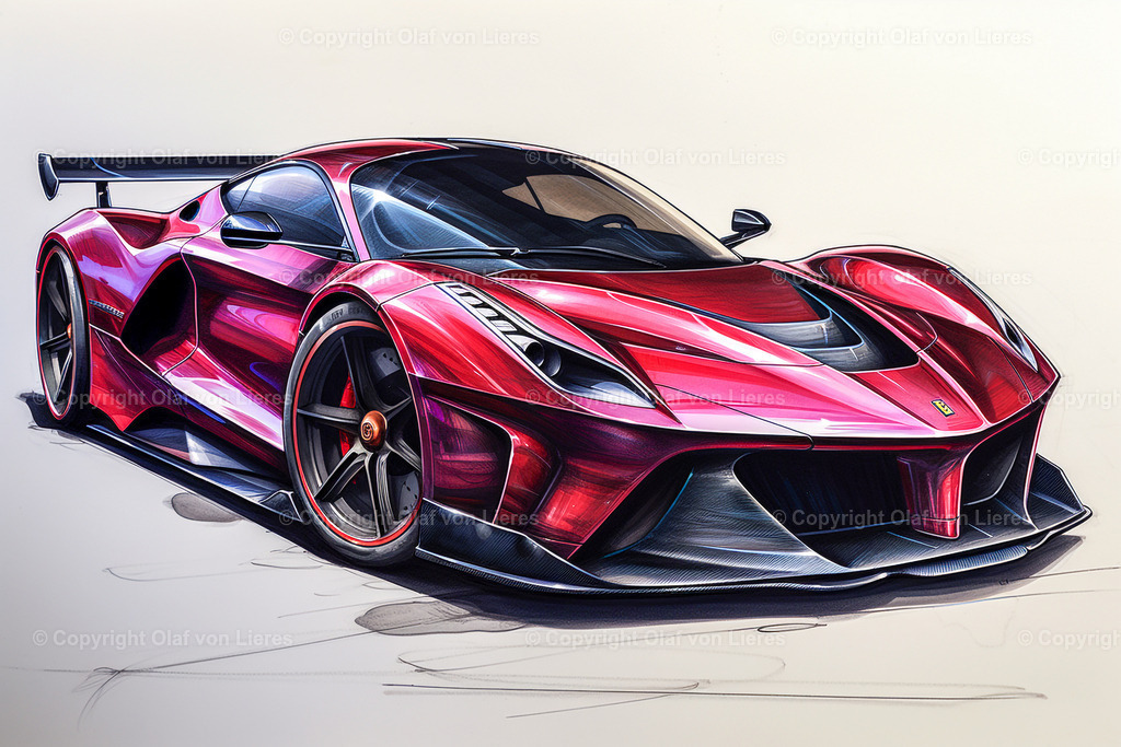 roter Ferrari als Wandbild | roter Sportwagen gezeichnet