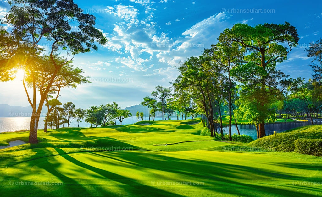 Golf Course With Trees And Water Front | A picturesque golf course with lush greenery and a waterfront view, perfect for bringing a fresh, relaxing outdoor feel to your decor. - Realisiert mit Pictrs.com