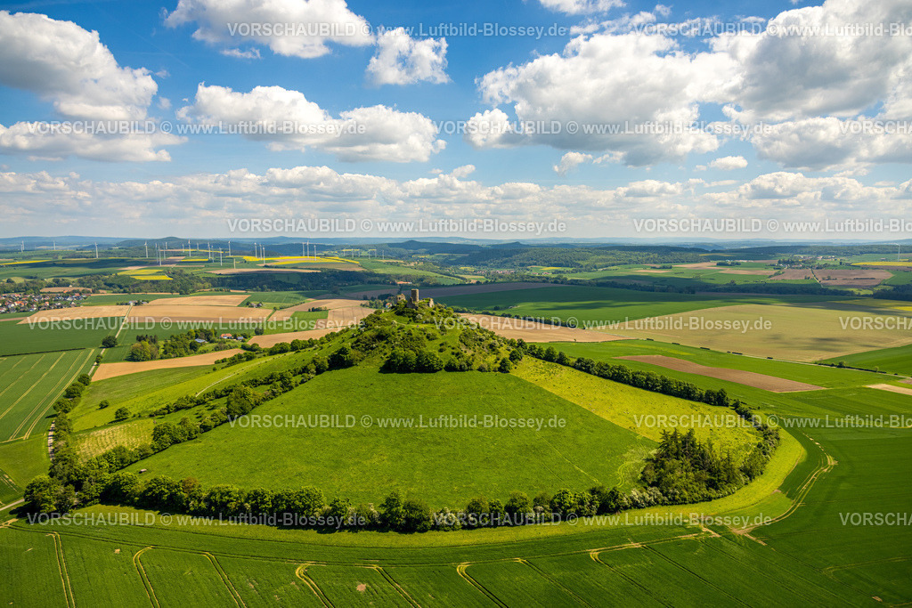Warburg240504948BurgDesenberg | Luftbild, Burg Desenberg auf einem Vulkankegel, historische Sehenswürdigkeit, Ruine einer Höhenburg in der Warburger Börde, Baumallee im Halbkreis, Wiesen und Felder mit Fernsicht und blauem Himmel mit Wolken, Daseburg, Warburg, Ostwestfalen, Nordrhein-Westfalen, Deutschland