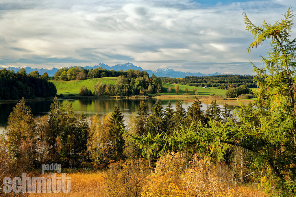 Herbststimmung im Allgäu mit Blick auf die Wuhrmühle und den Säntis | Herbststimmung im Allgäu mit Blick auf die Wuhrmühle und den Säntis. Über der herbstlich gefärbten Landschaft erheben sich die Alpen sowie der markante Säntis am Horizont. - Realisiert mit Pictrs.com
