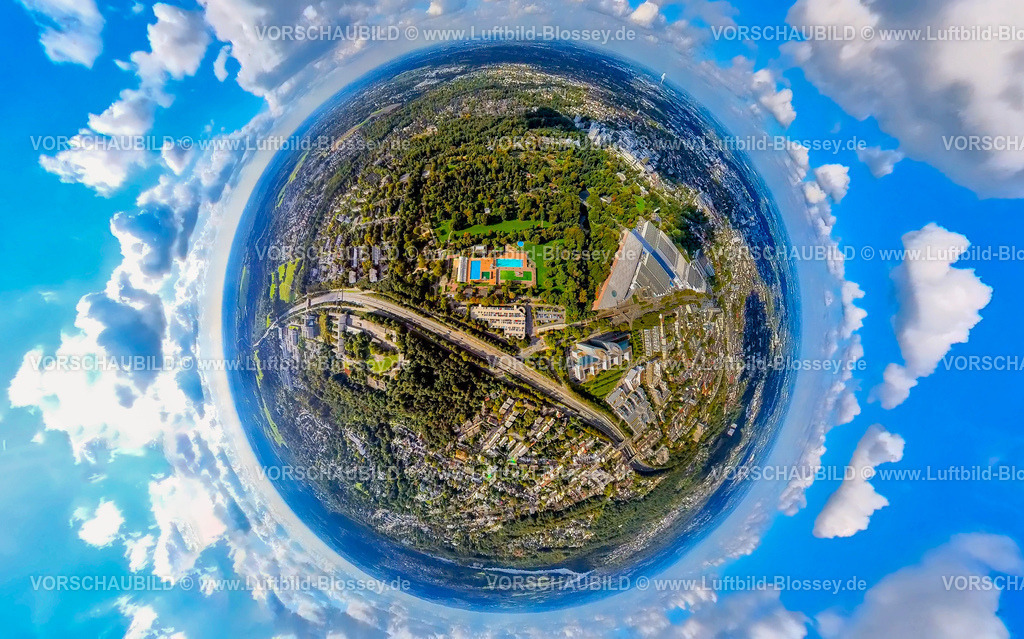 Essen241090054Grugabad | Luftbild, Messe und Grugapark mit Grugabad Freibad, EON SE Firmengebäude Stromversorgungsunternehmen, Erdkugel, Fisheye Aufnahme, Fischaugen Aufnahme, 360 Grad Aufnahme, tiny world, little planet, fisheye Bild, Rüttenscheid, Essen, Ruhrgebiet, Nordrhein-Westfalen, Deutschland