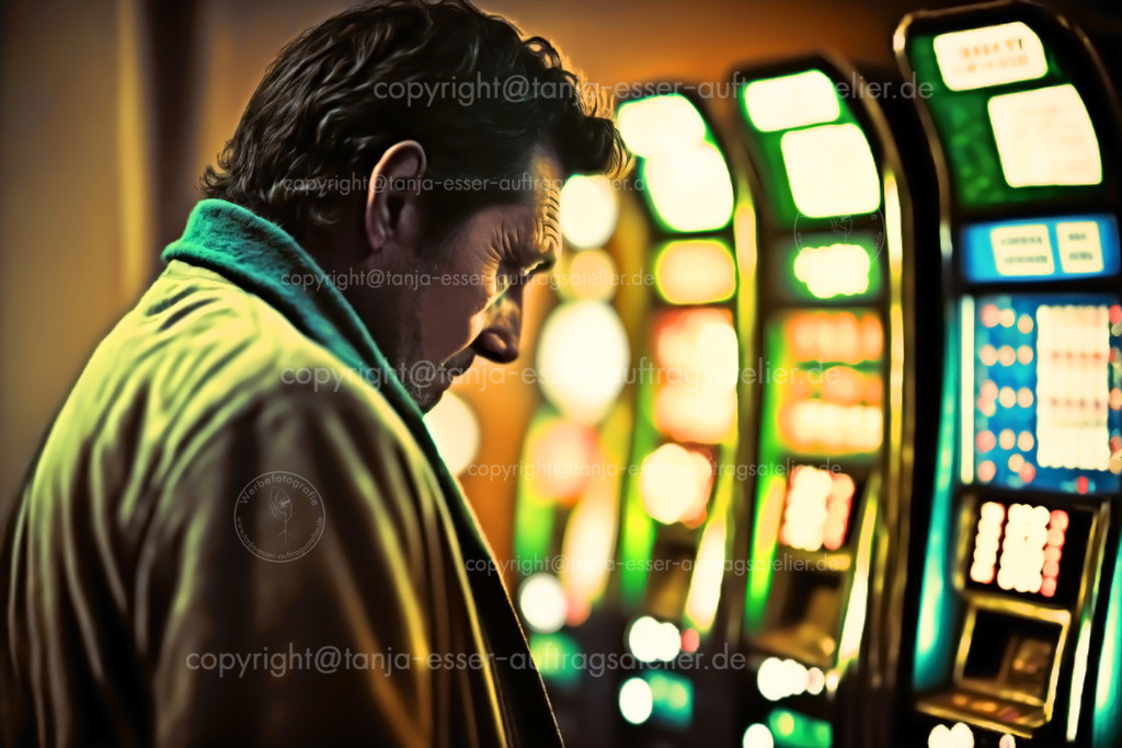 Mann in Spielhalle D | Ein älterer trauriger Mann spielt an Glückspielautomaten in einer Spielhalle. Generative KI. Farbige Lichter bilden Bokeh im Hintergrund. 