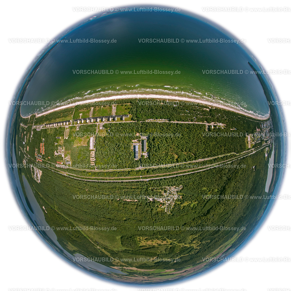 Ruegen12083256Prora2 | Luftbild, KdF Bad Prora, ehemalige Ferienanlage der Nationalsozialisten Kraft durch Freude, mit Sandstrand, Fischaugenlinse, fisheyeobjektiv, rundes Bild,  Binz, Insel Rügen, Mecklenburg-Vorpommern, Deutschland, Europa