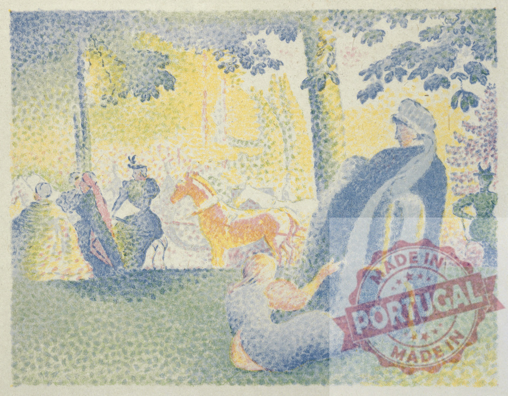Georges Seurat pointillism style painting of people and horse in park. Henri Edmund Cross | People enjoying leisure time in a park, rendered in Georges Seurat's pointillist style - Realized with Pictrs.com