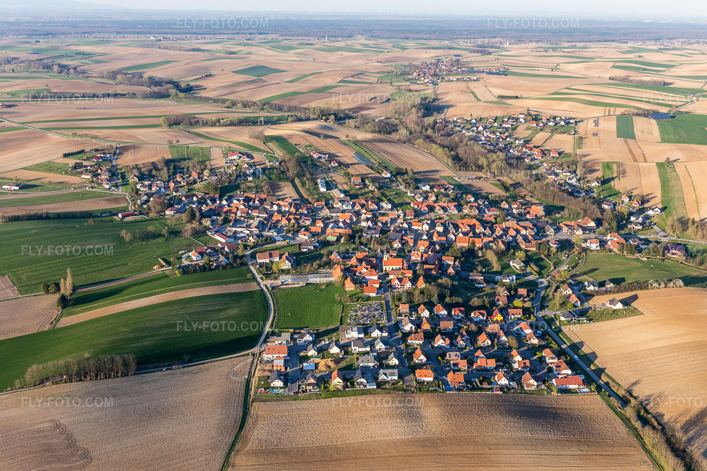 Aerial view: Agricultural fields and arable land in Trimbach in the state Bas-Rhin, France.Photo: IMG_097827.jpg taken on 03/27/2017 by Werner Riehm/FLY-FOTO.comResolution of the original: 5010 x 3340 px