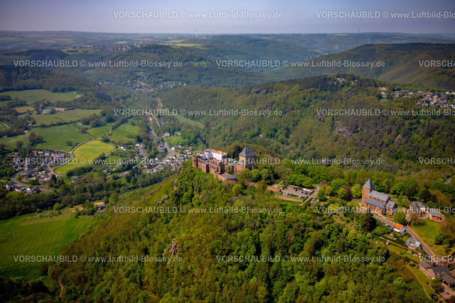 Nideggen240501740 | Luftbild, Renovierungsarbeiten an der Ruine der Burg Nideggen im Waldgebiet mit Fluss Rur, Höhenburg und Wahrzeichen der Nordeifel im Naturpark Hohes Venn-Eifel, kath. Kirche St. Johannes Baptist, Hügel und Täler, Nideggen, Nordrhein-Westfalen, Deutschland