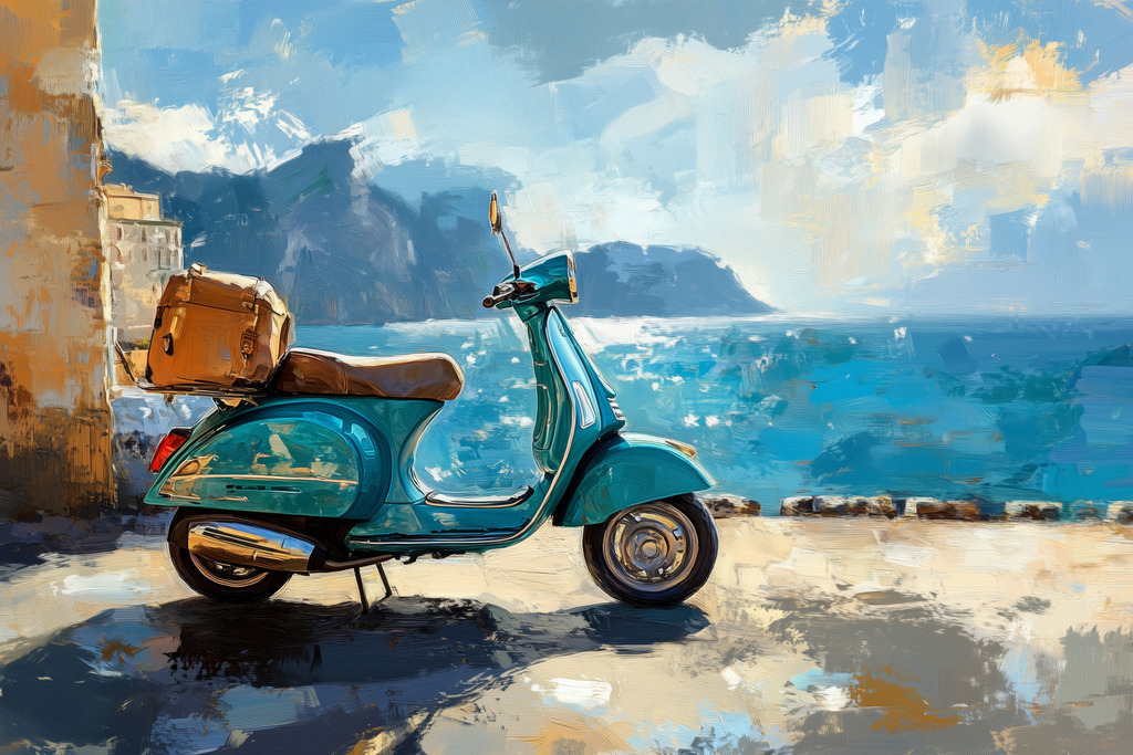 2506004 - Motorroller am Lago | Ein Motorroller in einer sommerlichen mediterranen Seenlandschaft. Konfiguriere dieses Motiv als Wandbild oder Poster ganz einfach über "Bestellen".
