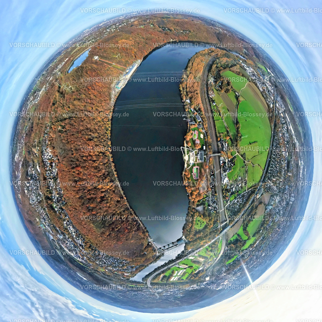 Hagen251100814fish-eye | Luftbild, Hengsteysee und Ardeygebirge mit Wald, Blick nach Hagen-Boele und Bäume in Herbstfarben, Erdkugel, Fisheye Aufnahme, Fischaugen Aufnahme, 360 Grad Aufnahme, tiny world, little planet, fisheye Bild, Boele, Hagen, Ruhrgebiet, Nordrhein-Westfalen, Deutschland