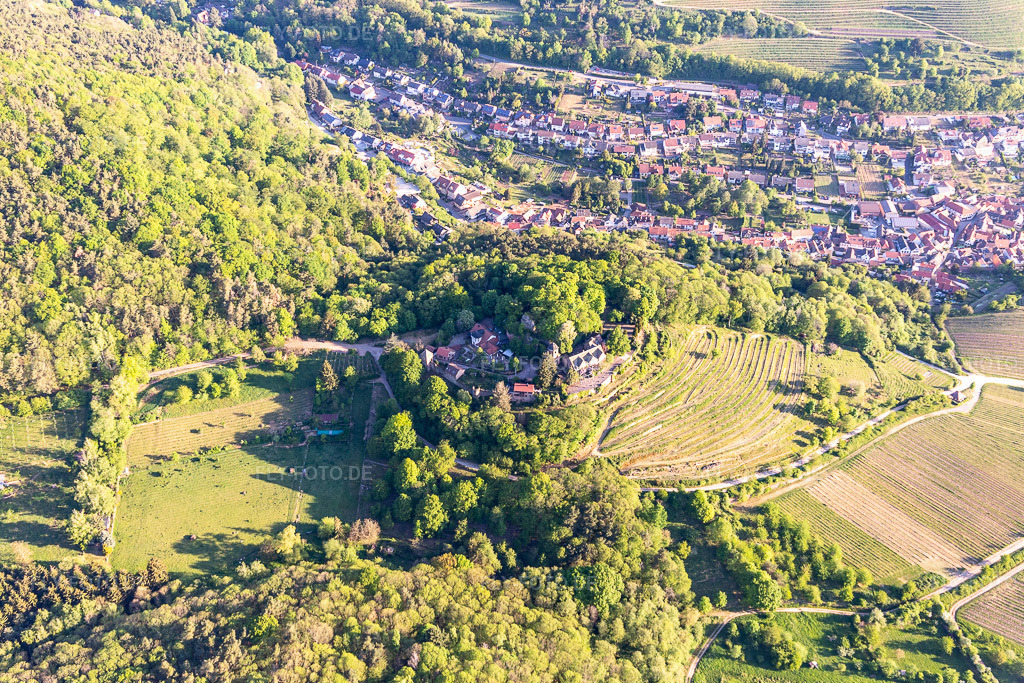 Luftbild: Schloß Kropsburg in Sankt Martin im Bundesland Rheinland-Pfalz in Deutschland. Foto: IMG_120592.jpg vom 26.04.2020 durch Werner Riehm/FLY-FOTO.de