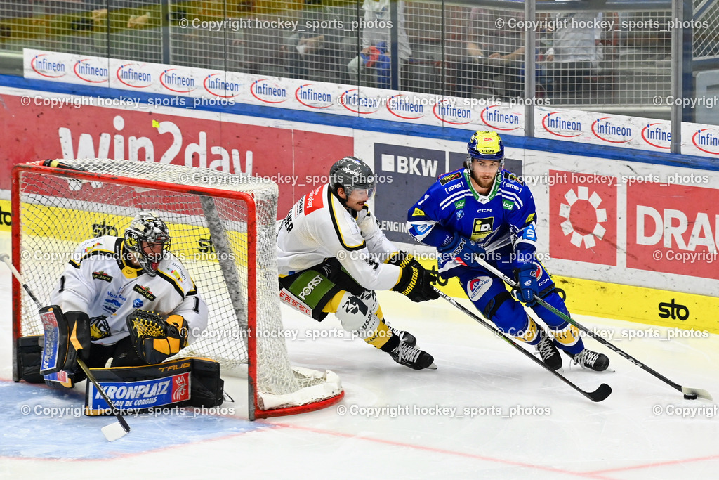 EC IDM Wärmepumpen VSV vs. HC Pustertal 8.10.2023 | #1 SMITH Jacob HC Pustertal, #5 MESSNER Joel HC Pustertal, #8 REBERNIG Maximilian EC VSV,  EC IDM Wärmepumpen VSV vs. HC Pustertal 8.10.2023, EC IDM Wärmepumpen VSV vs. HC Pustertal am 08.10.2023 in Villach (Stadthalle Villach), Austria, (Photo by Bernd Stefan)