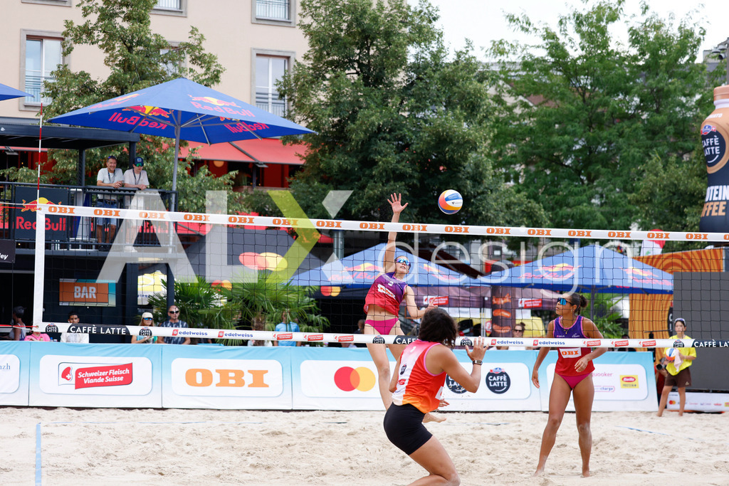 Obi BeachTour 2026 - Basel | BASEL, SWITZERLAND - JULY 17: FANNY DEECKE (SUI) attack / spike during the Obi BeachTour 2026 match between ZOBRIST / LUTZ (SUI) and CSONTOS / DEECKE (SUI) at Barfüsserplatz on July 17, 2026 in Basel, Switzerland. - Realisiert mit Pictrs.com