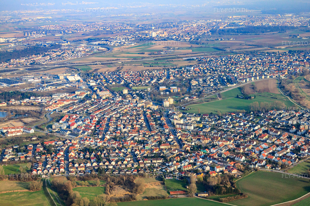 Luftbild: Ortsansicht von Nordwesten im Ortsteil Rohrhof in Brühl im Bundesland Baden-Württemberg in Deutschland. – Foto: IMG_25286.jpg vom 23.03.2010 durch Werner Riehm/FLY-FOTO.de – Auflösung des Originals: 4752 x 3168 px