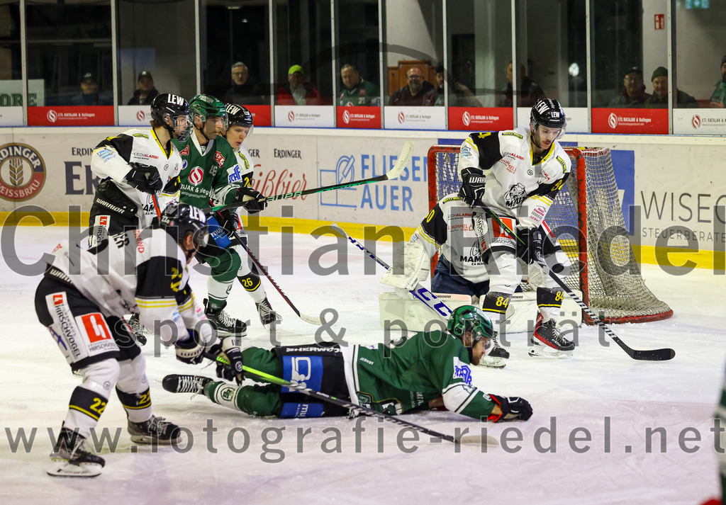 2023-11-17_067_TSV_Erding_gegen_EA_Schongau | Erding, Deutschland, 17.11.2023:
Eishockey, Bayernliga Vorrunde 2023 / 2024, 10. Spieltag, TSV Erding gegen EA Schongau, Endergebnis: 12:4

Tobias Hoferer (EA Schongau, #22), Elias Maier (Erding Gladiators, #15), Torwart Xaver Nagel (EA Schongau, #80), Tim Mühlegger (EA Schongau, #84)

Foto: Christian Riedel / fotografie-riedel.net