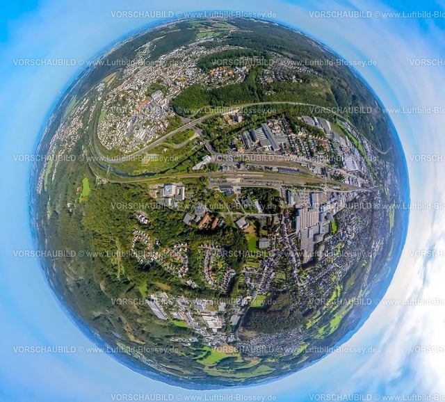 Arnsberg230990209NeheimBahnhof | Luftbild, Bahnhof Arnsberg-Neheim-Hüsten, Autobahn A46, Erdkugel, Fisheye Aufnahme, Fischaugen Aufnahme, 360 Grad Aufnahme, tiny world, Hüsten, Arnsberg, Sauerland, Nordrhein-Westfalen, Deutschland