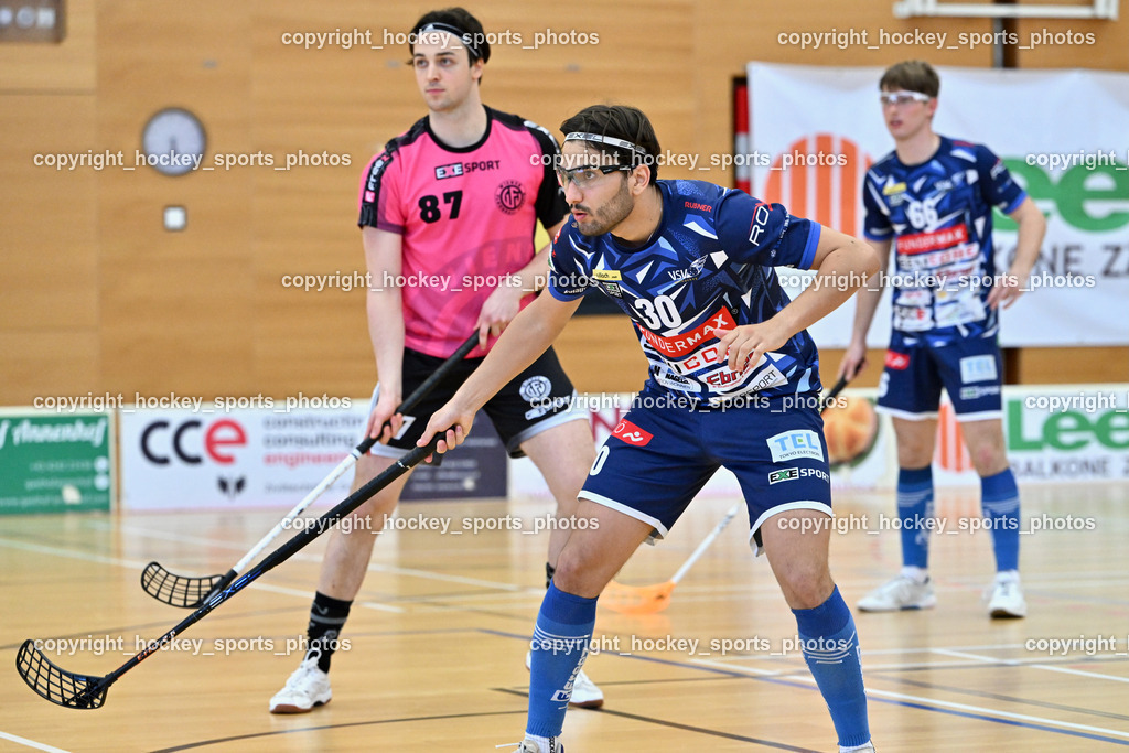 VSV Unihockey vs. Wiener Floorball Verein | #30 Christoph Steiner VSV Unihockey, #87 Christian Lindquist Wiener Floorballverein, VSV Unihockey vs. Wiener Floorball Verein, VSV Unihockey vs. Wiener Floorball Verein am 18.05.2025 in Villach (Ballspielhalle St. Martin), Austria, (Photo by Bernd Stefan)