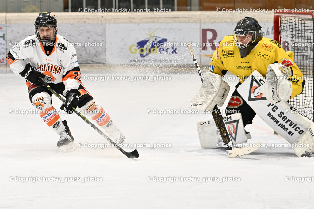 EC Hornets Spittal vs. USC Piraten Velden 18.2.2024 | #72 Wachter Daniel USC Velden, #1 Zauchner Rene EC Hornets Spittal, EC Hornets Spittal vs. USC Piraten Velden 18.2.2024, EC Hornets Spittal vs. USC Piraten Velden 18.2.2024 am 18.02.2024 in Spittal an der Drau (Eissportzentrum Spittal), Austria, (Photo by Bernd Stefan)