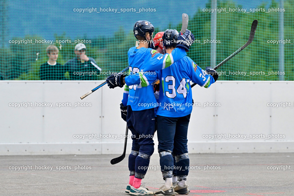 ASKÖ Hockey Villach vs. VAS Ballhockey  | Jubel ASKÖ Hockey Villach Mannschaft, #53 NINDLER Elias ASKÖ Villach Hockey, #34 PRODINGER Dominik ASKÖ Villach Hockey, ASKÖ Hockey Villach vs. VAS Ballhockey , ASKÖ Hockey Villach vs. VAS Ballhockey  am 06.07.2025 in Villach (Alpen Arena ), Austria, (Photo by Bernd Stefan)