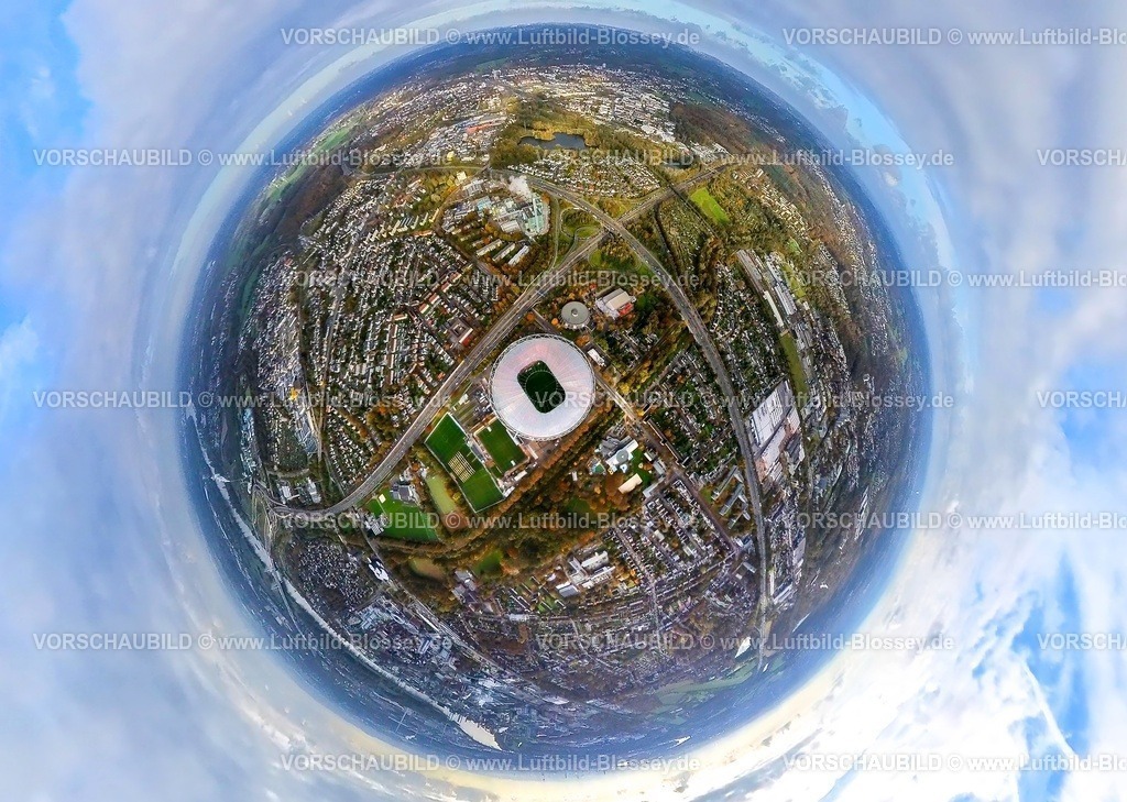 Leverkusen231190002BayerLeverkusenStadion-topaz | Luftbild, Leverkusen BayArena Bundesligastadion des Bayer 04 Leverkusen Fußballvereins, am Autobahnkreuz Leverkusen zwischen den Autobahnen A1 und A3, Erdkugel, Fisheye Aufnahme, Fischaugen Aufnahme, 360 Grad Aufnahme, tiny world, little planet, fisheye Bild, Küppersteg, Leverkusen, Rheinland, Nordrhein-Westfalen, Deutschland