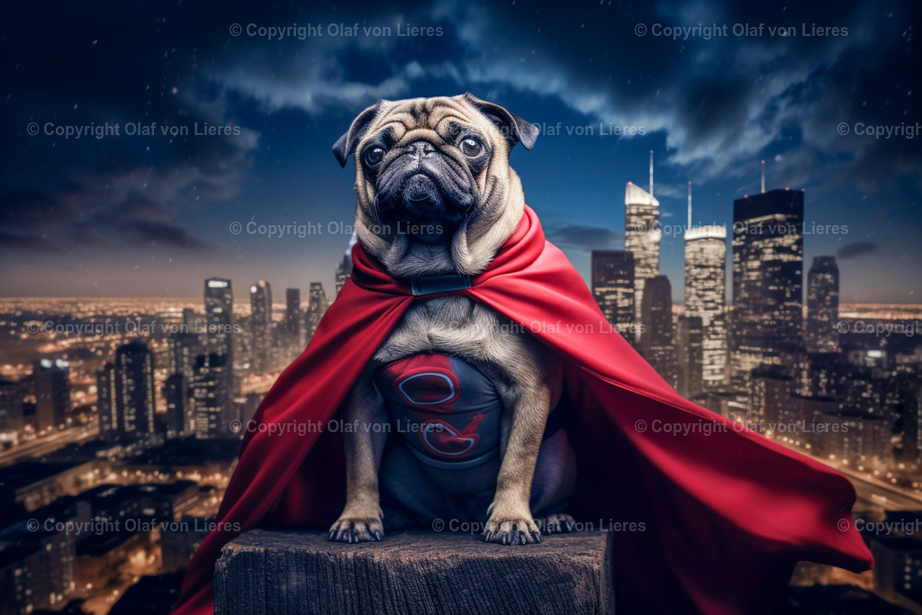 Mops als Superheld | Mops mit Umhang als Superhelden