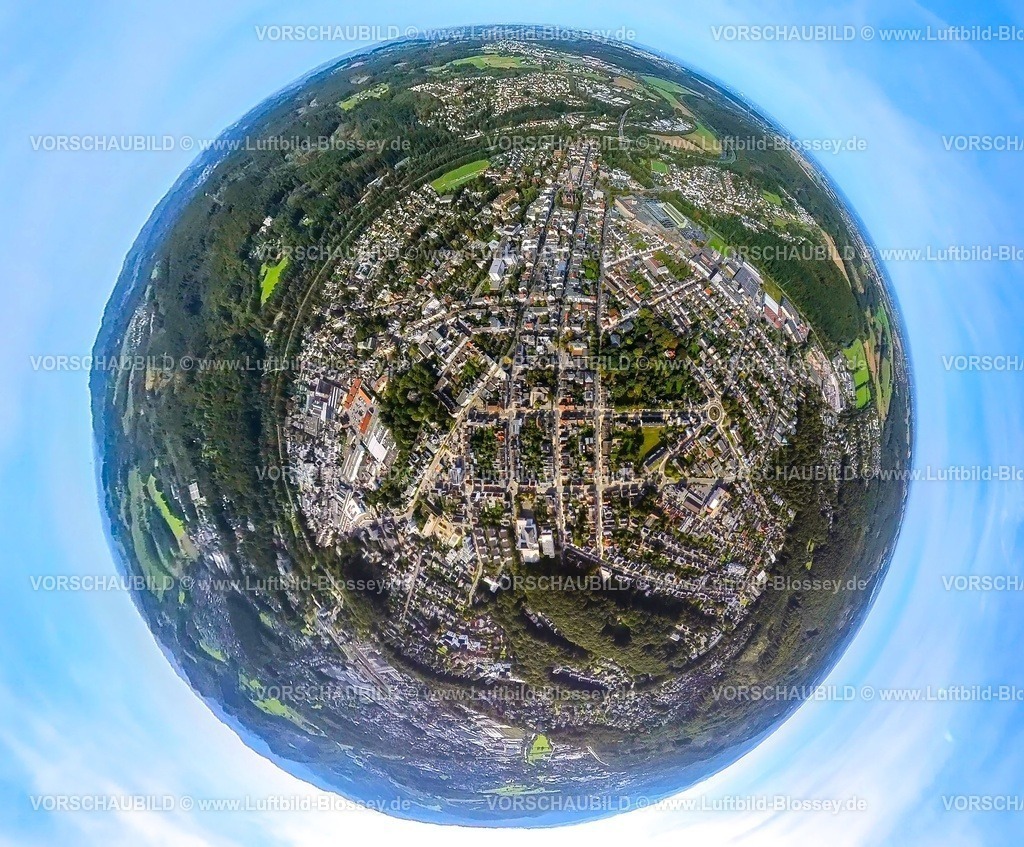 Arnsberg230990208NeheimMitte | Luftbild, Ortsansicht Neheim, Stadtmitte City, Engelbertstraße und Schobbostraße, Erdkugel, Fisheye Aufnahme, Fischaugen Aufnahme, 360 Grad Aufnahme, tiny world, Neheim, Arnsberg, Sauerland, Nordrhein-Westfalen, Deutschland