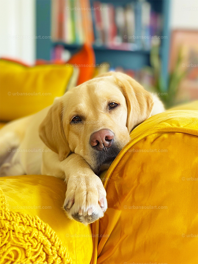 Labrador Lying On A Couch | A cozy and inviting portrait of a Labrador resting on a yellow couch. This colorful image radiates comfort and companionship, making it an ideal choice for pet lovers looking to bring warmth and personality to their space. - Realisiert mit Pictrs.com