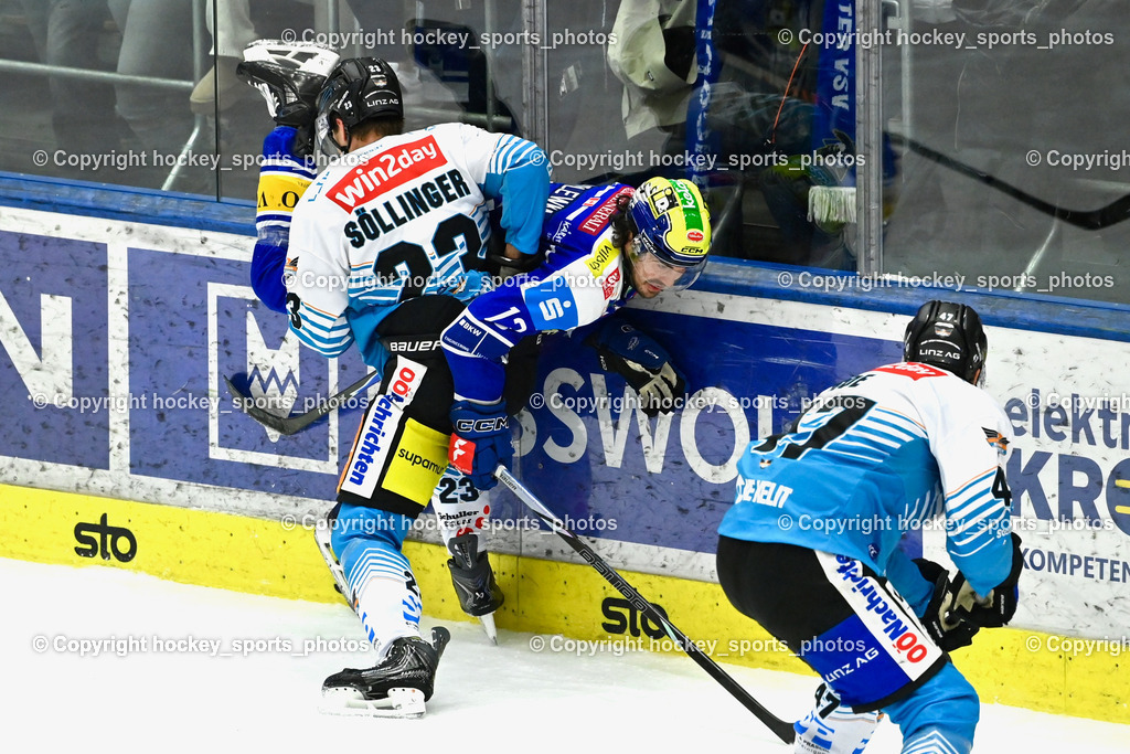 EC IDM Wärmepumpen VSV vs. Steinbach Black Wings Linz | #23 Patrick Söllinger Black Wings Linz, #8 Maximilian Rebernig EC VSV, #47 Logan Roe  Black Wings Linz, EC IDM Wärmepumpen VSV vs. Steinbach Black Wings Linz, EC IDM Wärmepumpen VSV vs. Steinbach Black Wings Linz am 23.01.2026 in Villach (Stadthalle Villach), Austria, (Photo by Bernd Stefan)