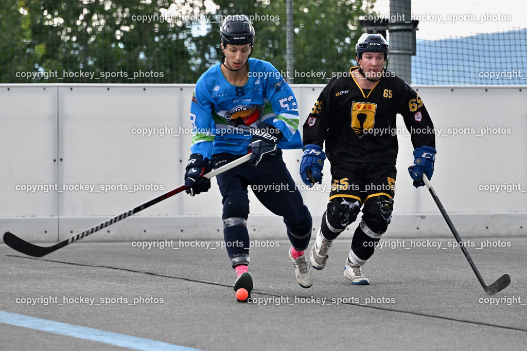 ASKÖ Hockey Villach vs. VAS Ballhockey  | #53 NINDLER Elias ASKÖ Villach Hockey, #65 Ortner Stefan VAS Villach, ASKÖ Hockey Villach vs. VAS Ballhockey , ASKÖ Hockey Villach vs. VAS Ballhockey  am 06.07.2025 in Villach (Alpen Arena ), Austria, (Photo by Bernd Stefan)